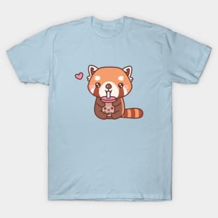 Cute Red Panda Loves Drinking Bubble Tea T-Shirt